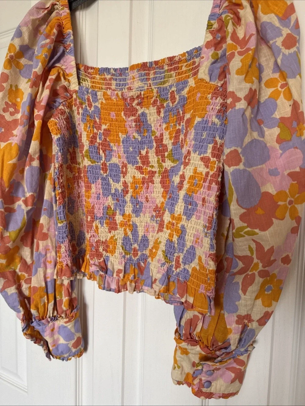Free People Ariana Smocked Balloon Sleeve Top Orange Floral Print Large